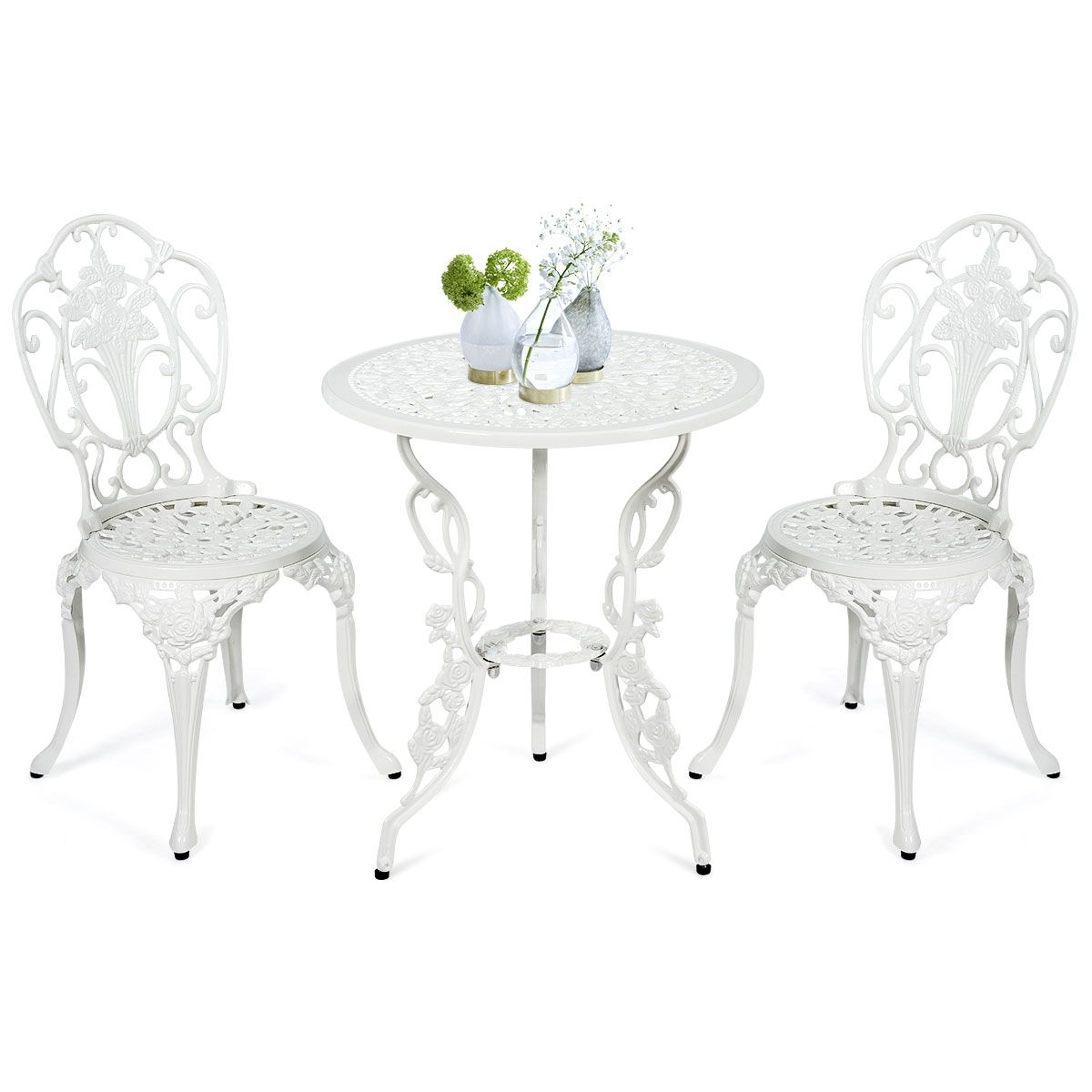Weather-Resistant White Rose-Shaped Aluminum Garden Table and 2 Chairs Set -