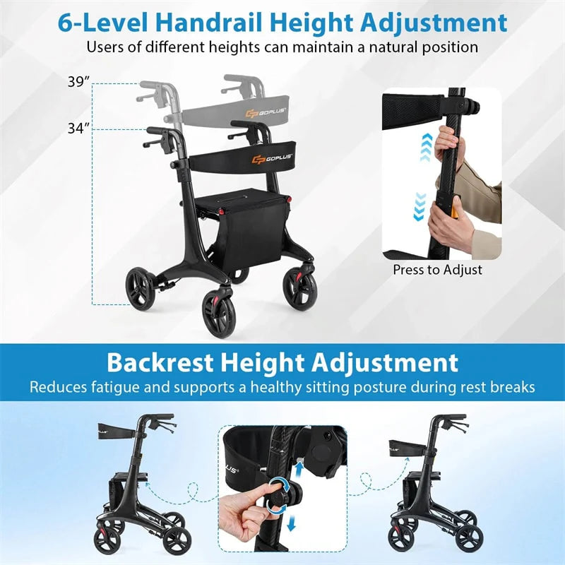 Ultralight Carbon Fiber Rollator Walker for Seniors, Foldable Rolling Walker with Seat, 8" Wheels - Product image 10