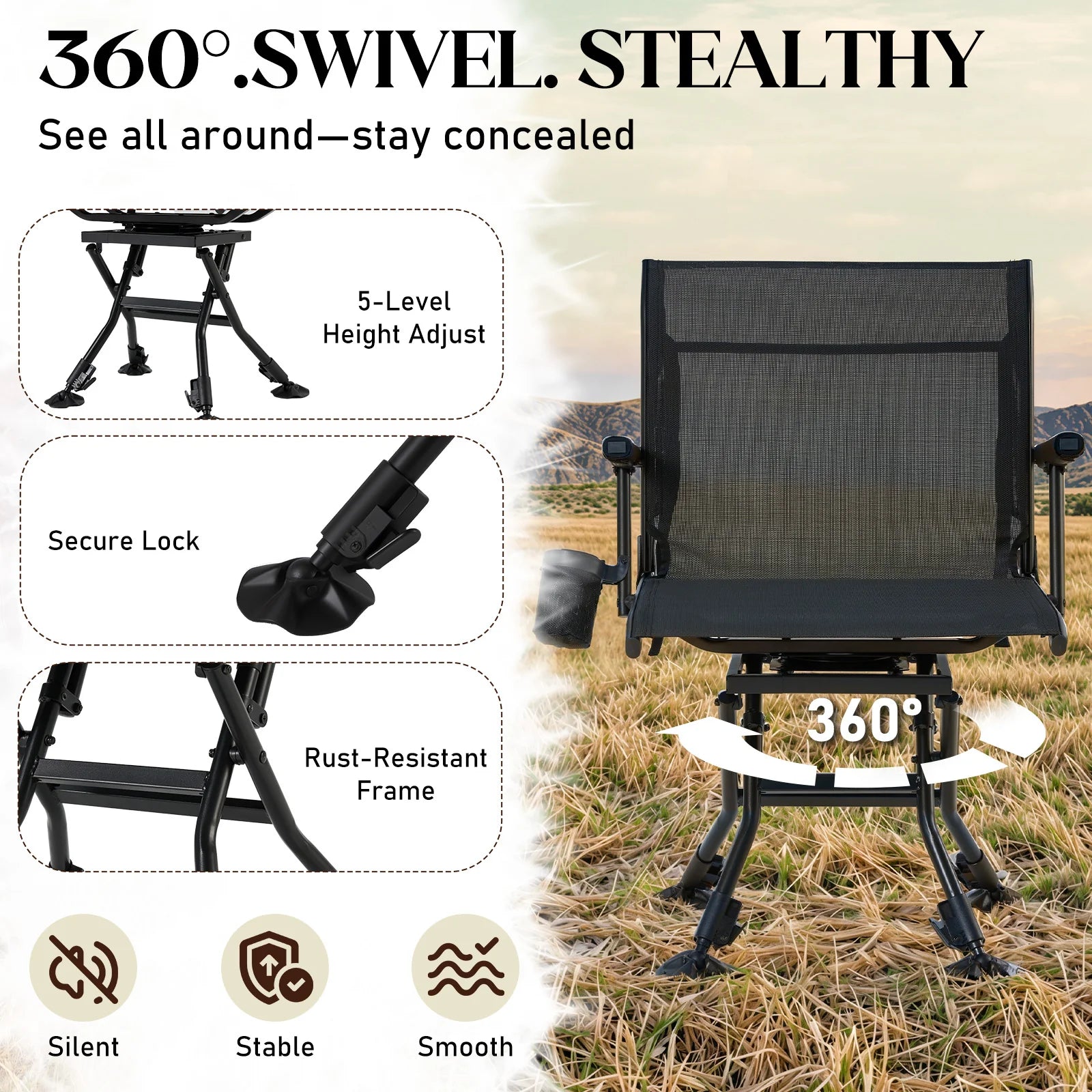 AECOJOY Folding Hunting Swivel Chair, Compact Storage Design, Black Steel Frame for Outdoor Shooting & - Product image 4