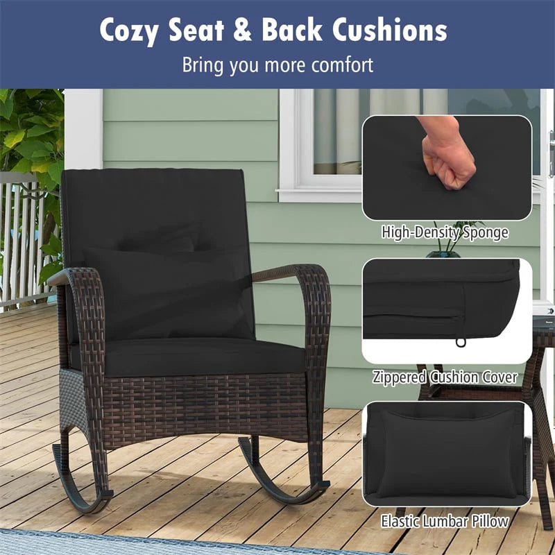 3-Piece Outdoor Wicker Rocking Chair Set, Rattan Bistro Rocker Furniture with Cushions & Pillows - Product image 26