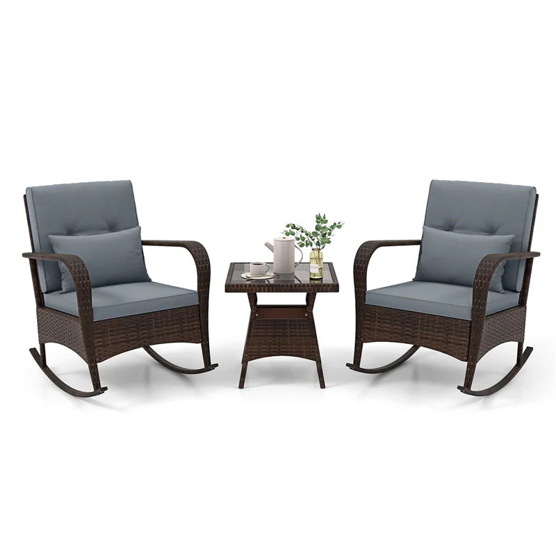 3-Piece Outdoor Wicker Rocking Chair Set, Rattan Bistro Rocker Furniture with Cushions & Pillows - Product image 31