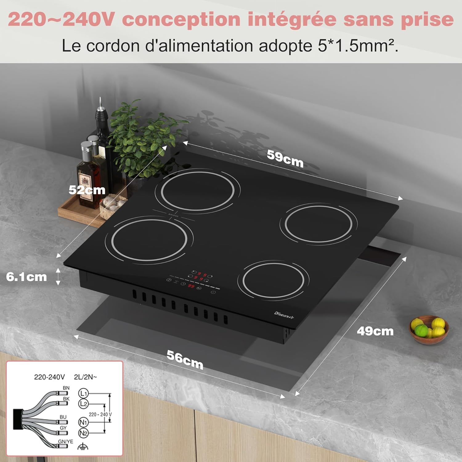 6400W Built-in 4 Burner Induction Hob, Flexible Zone Induction Hob, 60cm Electric Hob, Pause Function, 9 Levels, Touch Control, Timer, Child Lock