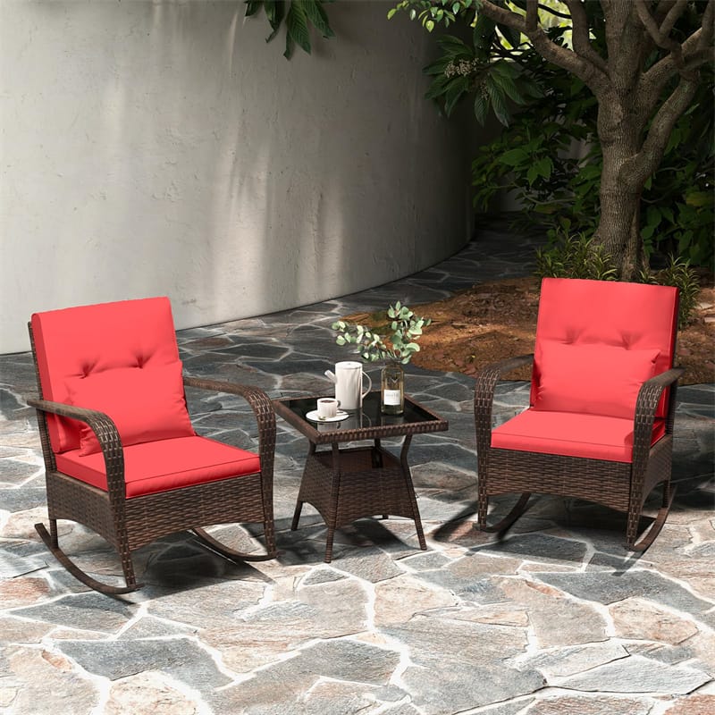 3-Piece Outdoor Wicker Rocking Chair Set, Rattan Bistro Rocker Furniture with Cushions & Pillows - Product image 42
