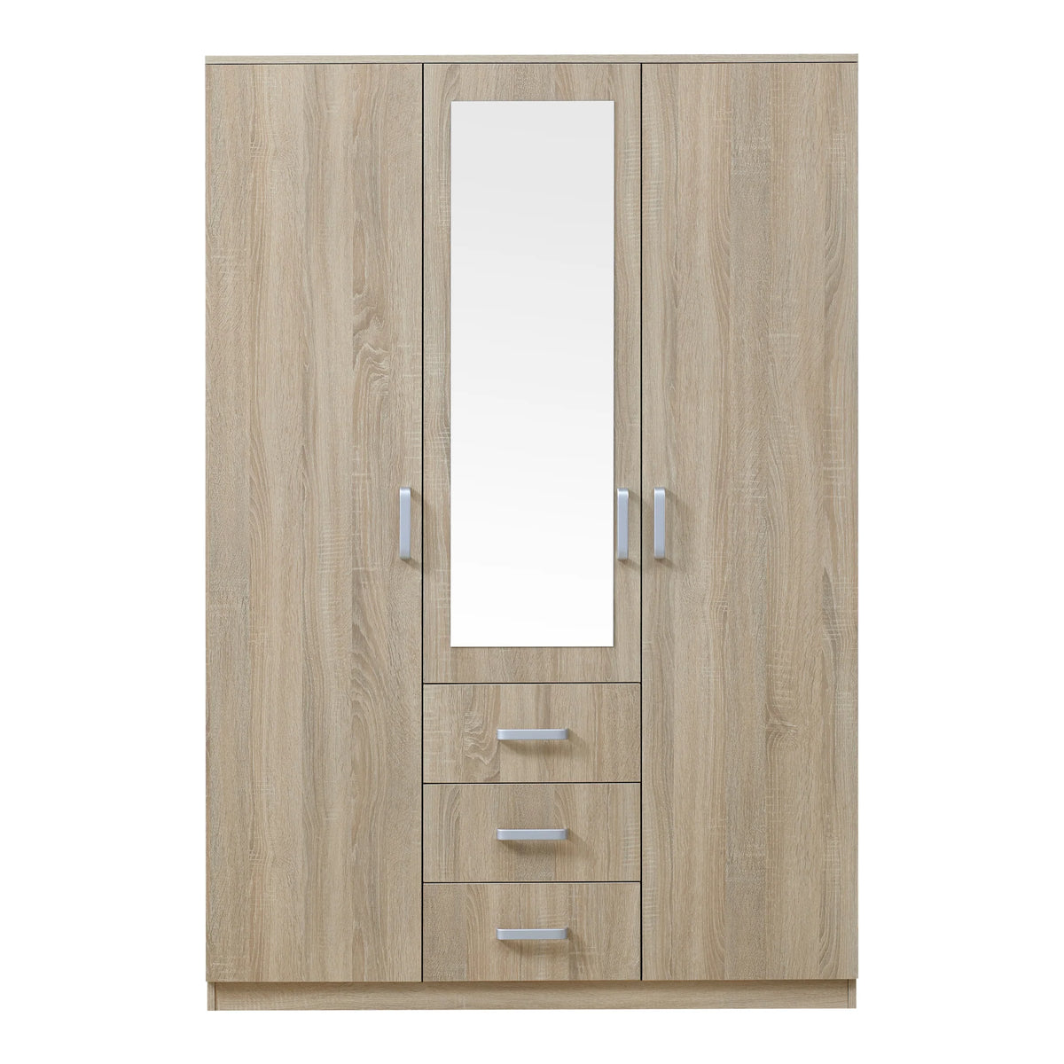 Bedroom wardrobe modern wardrobe timeless storage unit 5 shelves 3 drawers + MDF mirror 176 x 120 x 52 cm sonoma oak effect 03_0006369