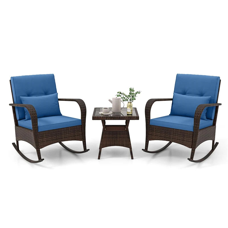 3-Piece Outdoor Wicker Rocking Chair Set, Rattan Bistro Rocker Furniture with Cushions & Pillows - Product image 11