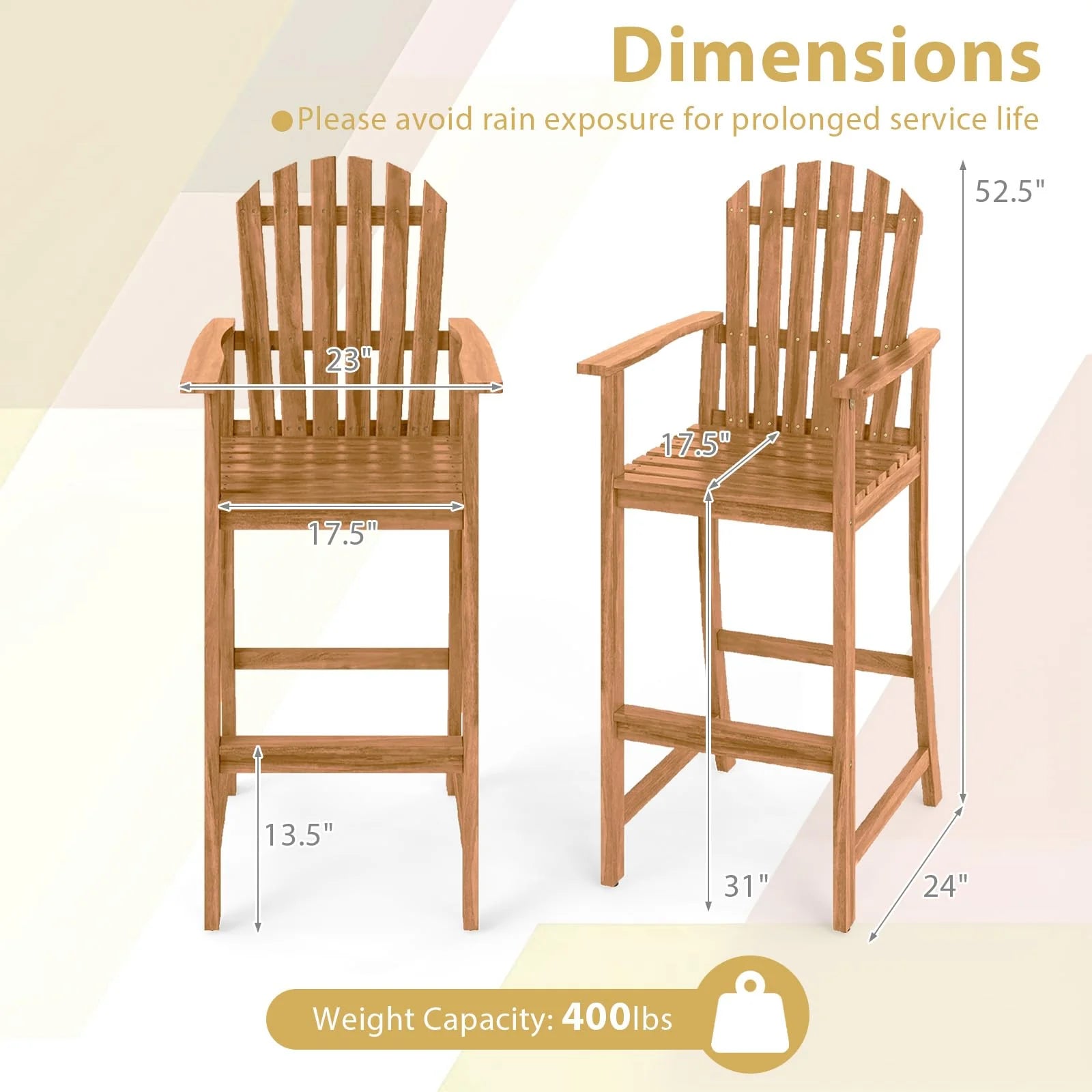 Tangkula Tall Adirondack Chair - Outdoor Acacia Wood Bar Stool with Back - Product image 3