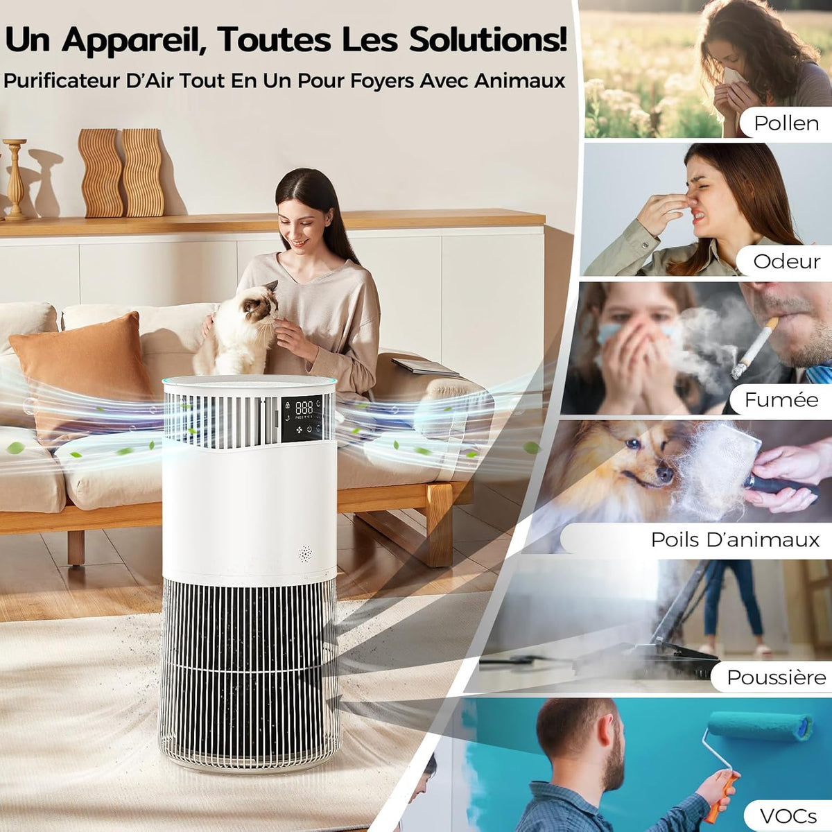 Amicura P2 Hepa Air Purifier for Animals and Allergic People, 843 m³/h CADR Against Animal Hair, H13 Hepa Hospital Filter, 450 m³/h Particles, App Control
