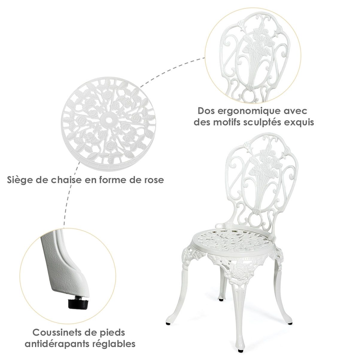 Weather-Resistant White Rose-Shaped Aluminum Garden Table and 2 Chairs Set -