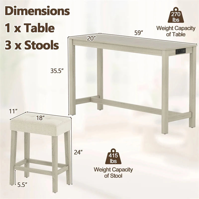 4-Piece Bar Table Set with Charging Station, 59" Counter Height Breakfast Nook Dining Set with 3 Padded - Product image 4
