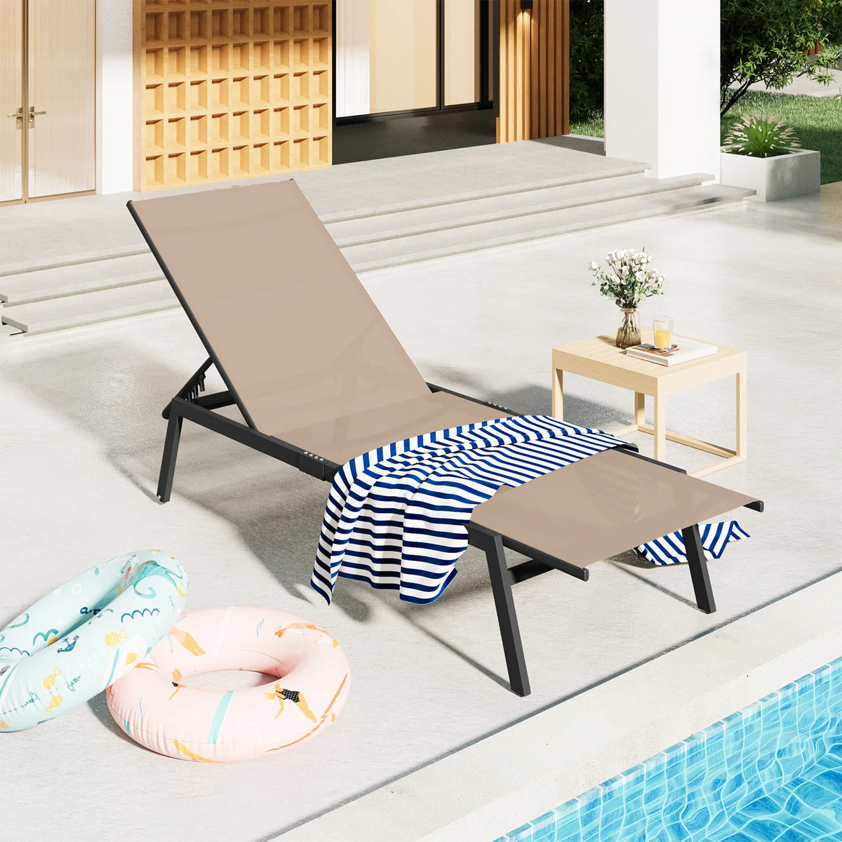 AECOJOY Patio Lounge Chairs, Outdoor Chaise Lounge with Wheels, Beige - Product image 2