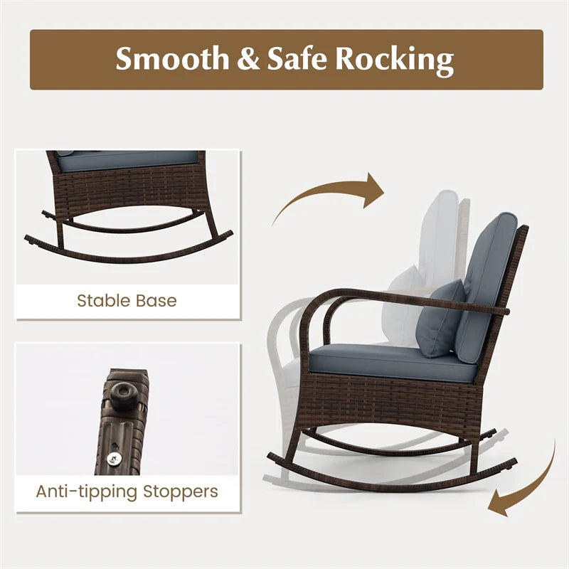 3-Piece Outdoor Wicker Rocking Chair Set, Rattan Bistro Rocker Furniture with Cushions & Pillows - Product image 35