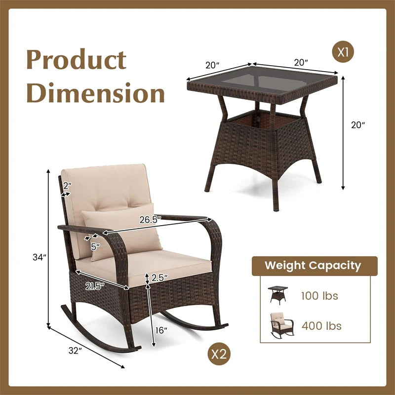 3-Piece Outdoor Wicker Rocking Chair Set, Rattan Bistro Rocker Furniture with Cushions & Pillows - Product image 4