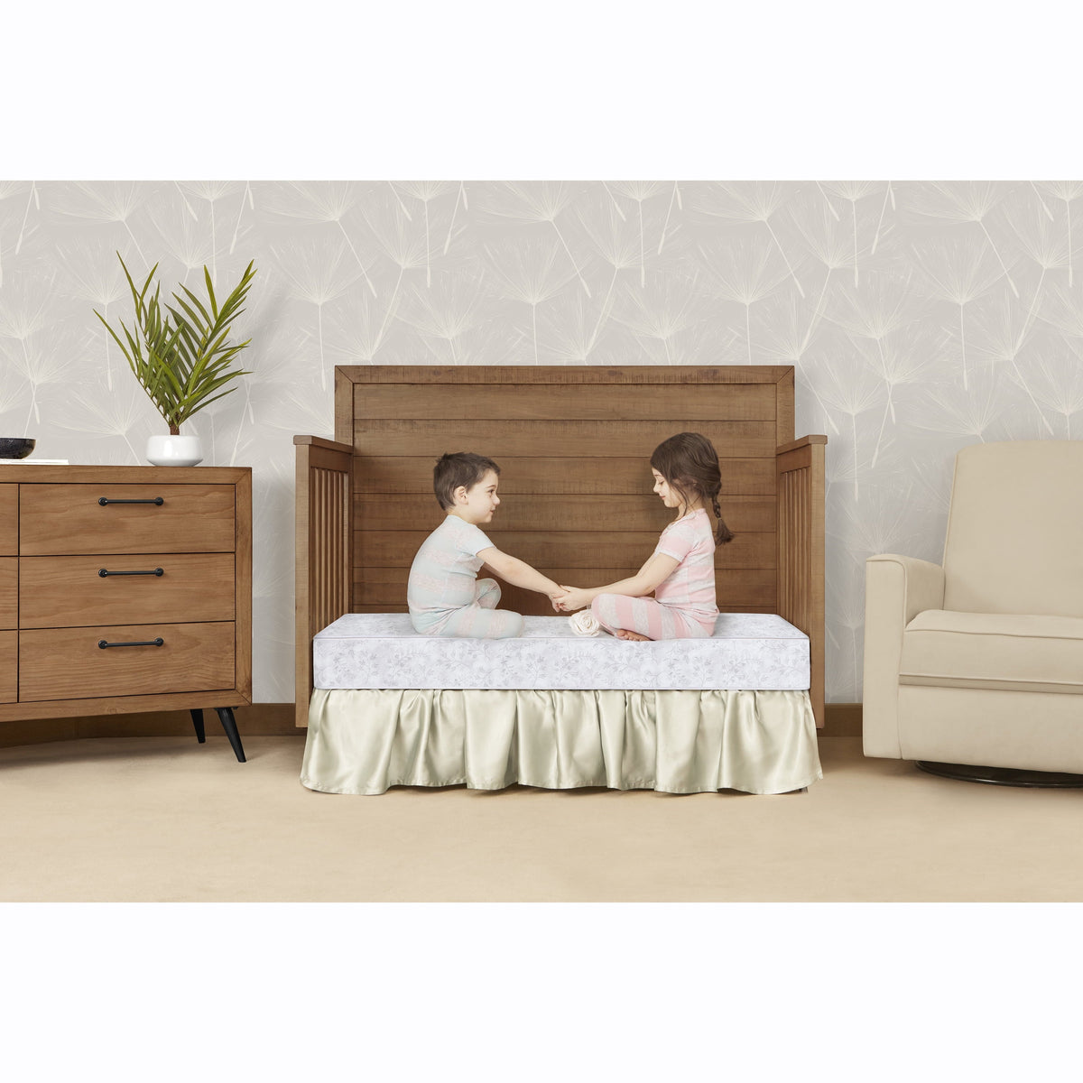 on Me Twinkle 5 88 Coil Crib and Toddler Mattress. Morning Mist Floral. Greenguard Gold Certified