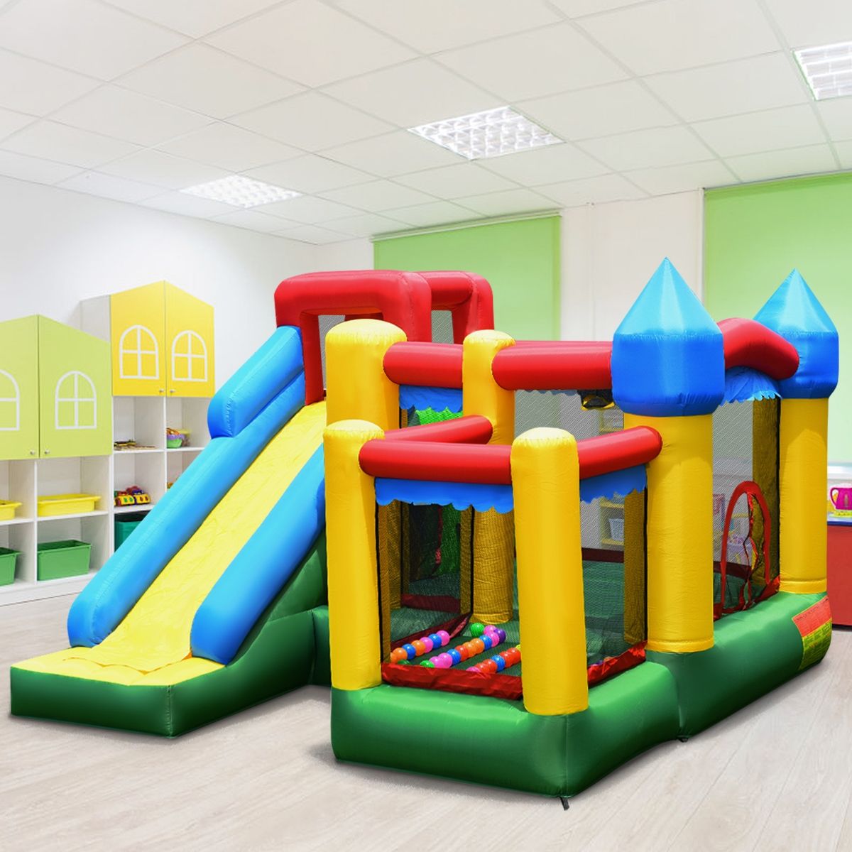 4 in 1 Inflatable Castle for Children 3-10 Years Old with Slide Jumping Area Climbing Wall Basketball Hoop -