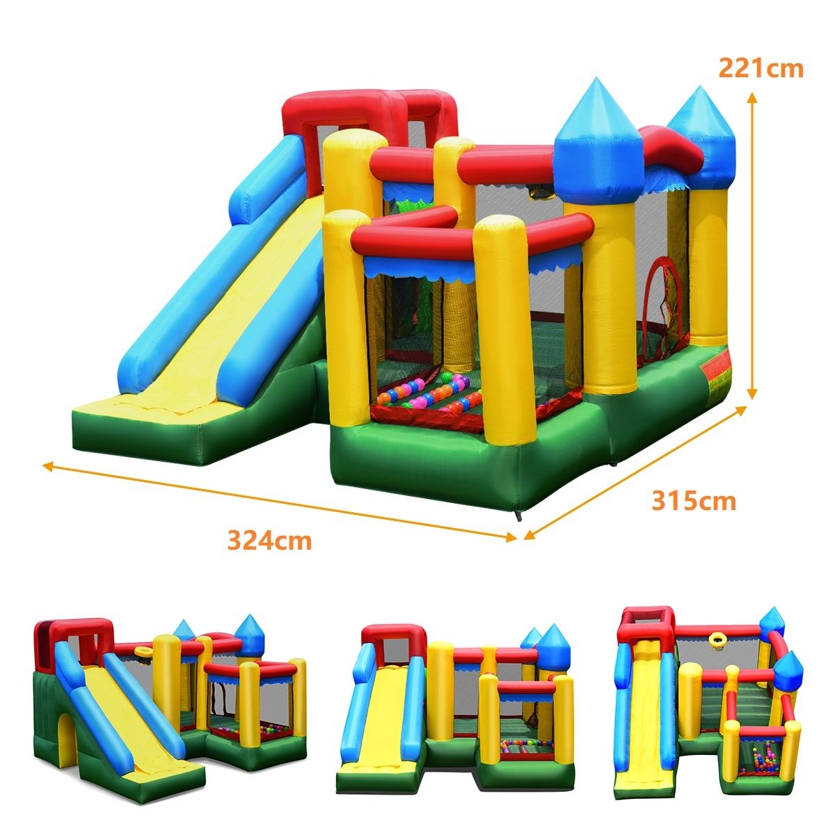 4 in 1 Inflatable Castle for Children 3-10 Years Old with Slide Jumping Area Climbing Wall Basketball Hoop -