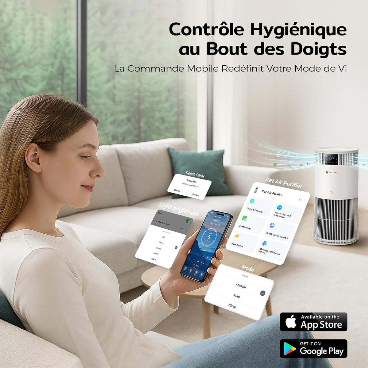 Amicura P2 Hepa Air Purifier for Animals and Allergic People, 843 m³/h CADR Against Animal Hair, H13 Hepa Hospital Filter, 450 m³/h Particles, App Control