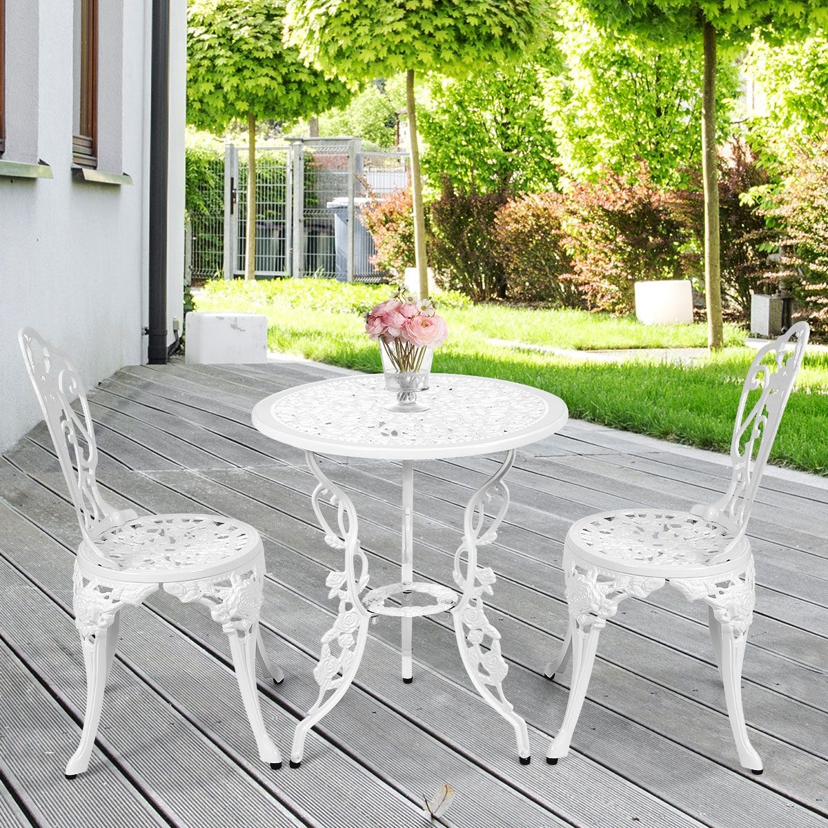 Weather-Resistant White Rose-Shaped Aluminum Garden Table and 2 Chairs Set -
