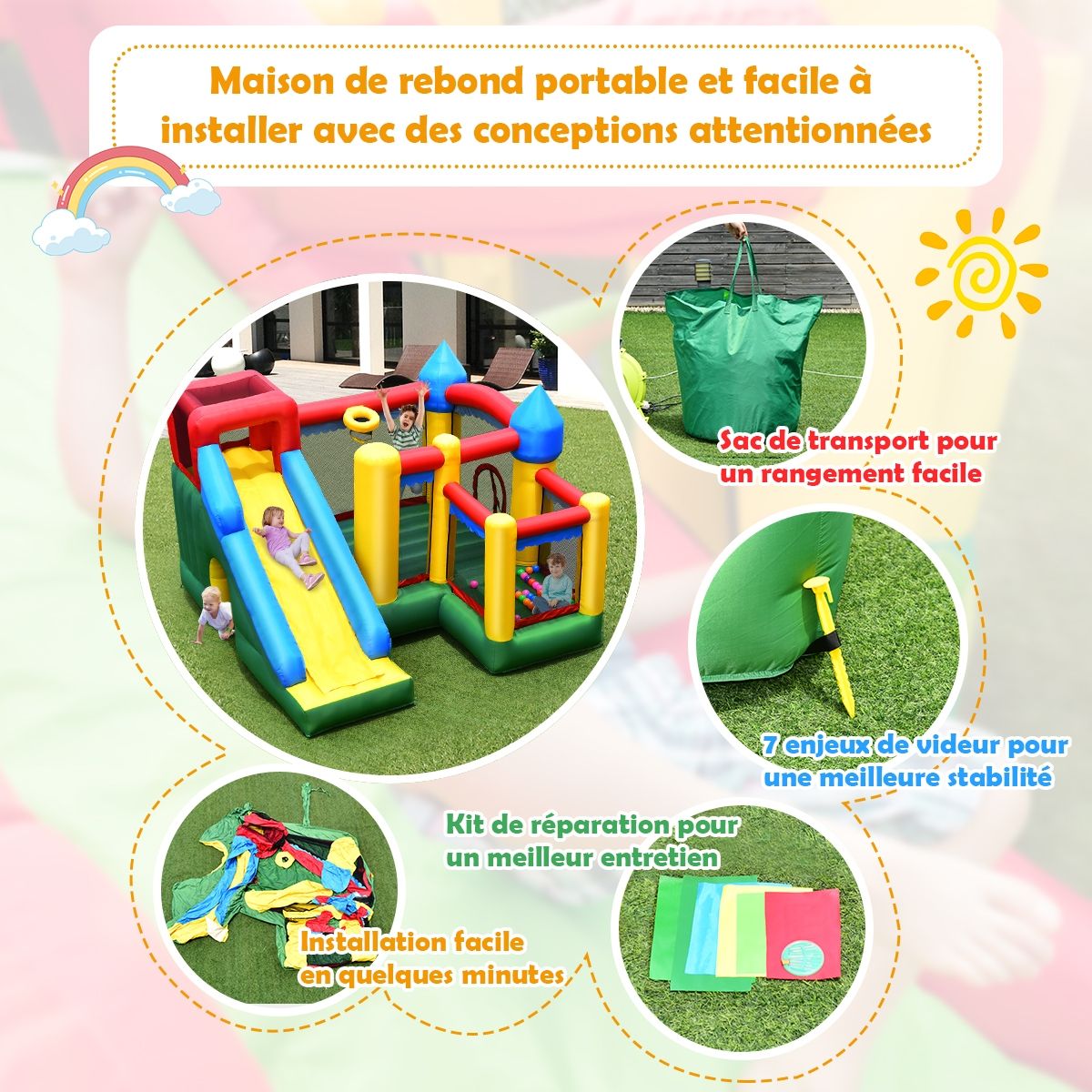 4 in 1 Inflatable Castle for Children 3-10 Years Old with Slide Jumping Area Climbing Wall Basketball Hoop -