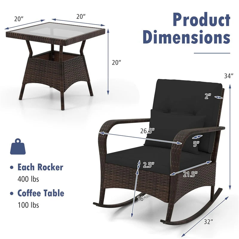 3-Piece Outdoor Wicker Rocking Chair Set, Rattan Bistro Rocker Furniture with Cushions & Pillows - Product image 24