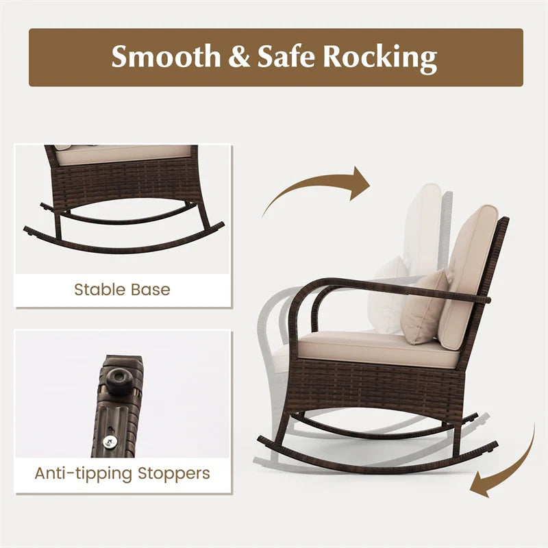 3-Piece Outdoor Wicker Rocking Chair Set, Rattan Bistro Rocker Furniture with Cushions & Pillows - Product image 5