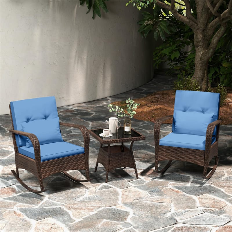 3-Piece Outdoor Wicker Rocking Chair Set, Rattan Bistro Rocker Furniture with Cushions & Pillows - Product image 12