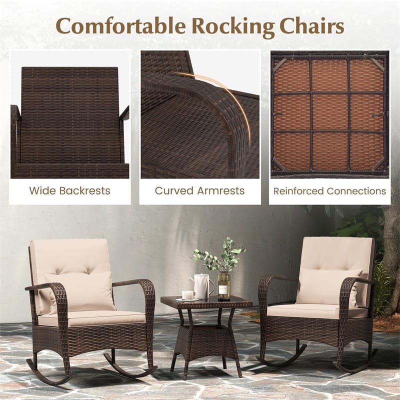 3-Piece Outdoor Wicker Rocking Chair Set, Rattan Bistro Rocker Furniture with Cushions & Pillows - Product image 8