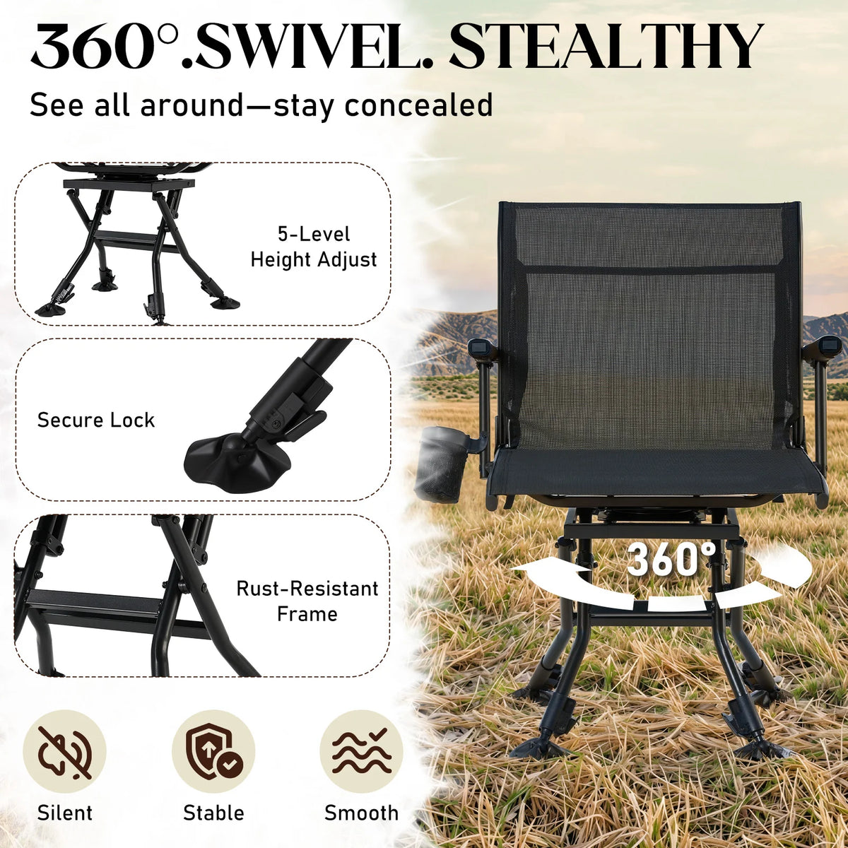 AECOJOY Folding Hunting Swivel Chair, Compact Storage Design, Black Steel Frame for Outdoor Shooting & - Product image 4