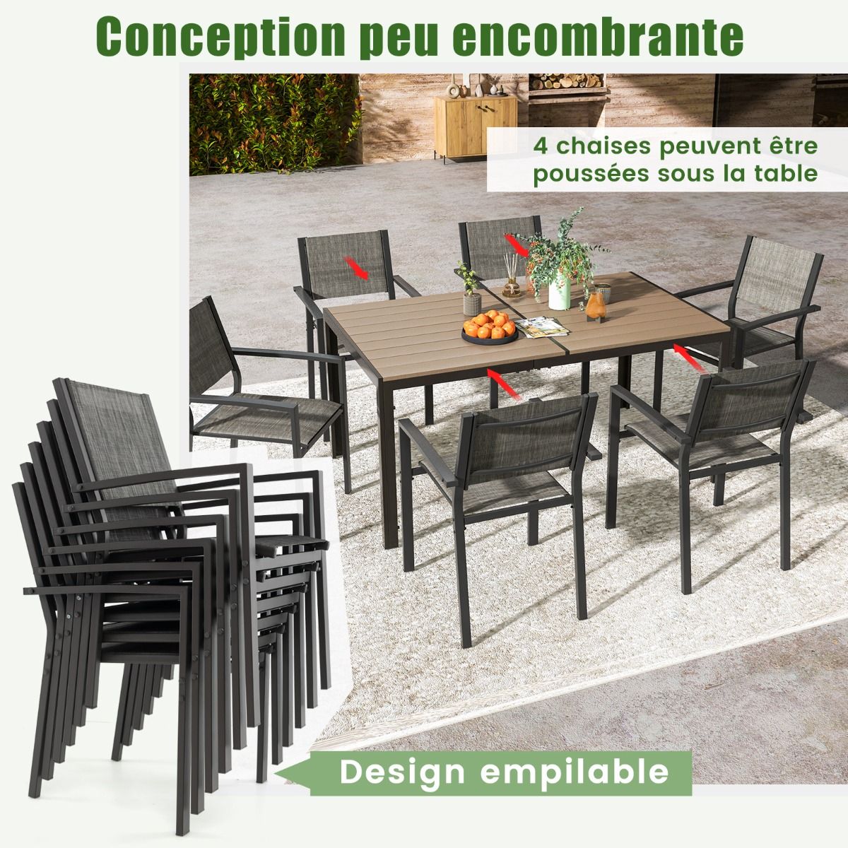 7 Piece Patio Furniture Set for 6 People Garden Furniture Set with 6 Stackable Chairs and Rectangular Table Gray -