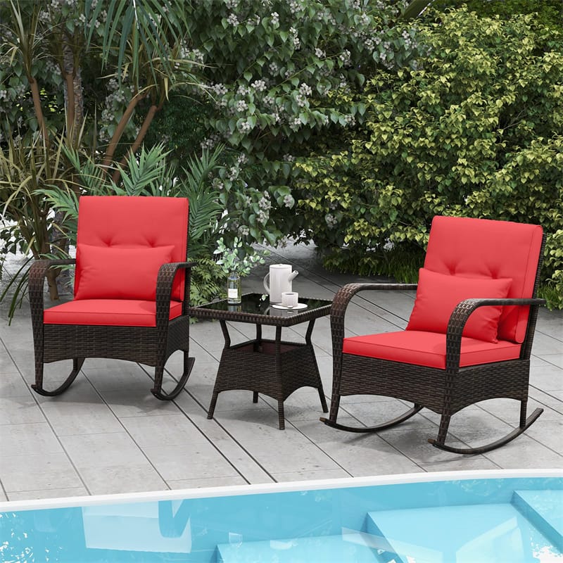 3-Piece Outdoor Wicker Rocking Chair Set, Rattan Bistro Rocker Furniture with Cushions & Pillows - Product image 43