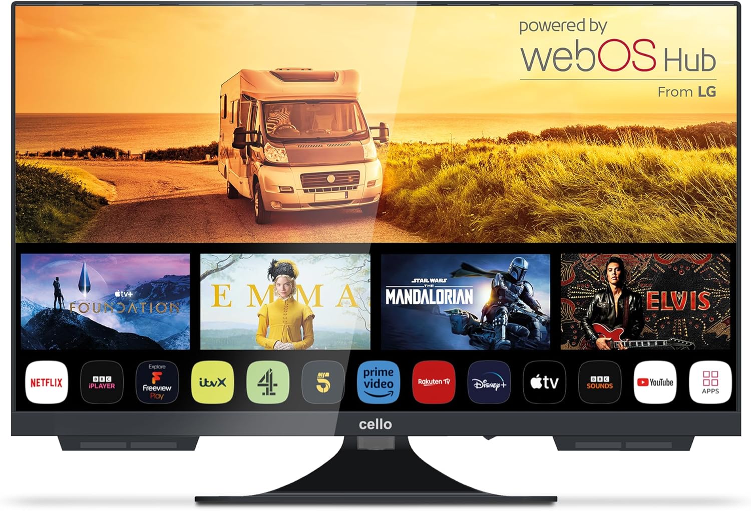 Cello C2224WS Trav 22" Inch Smart Full HD 12V Camping Travel TV Frameless Triple Tuner Bluetooth WebOS by LG Pitch Perfect Speaker Motorhome Truck Boat [2024]