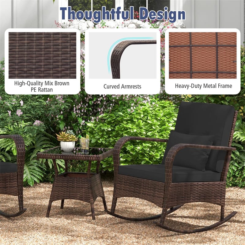 3-Piece Outdoor Wicker Rocking Chair Set, Rattan Bistro Rocker Furniture with Cushions & Pillows - Product image 27