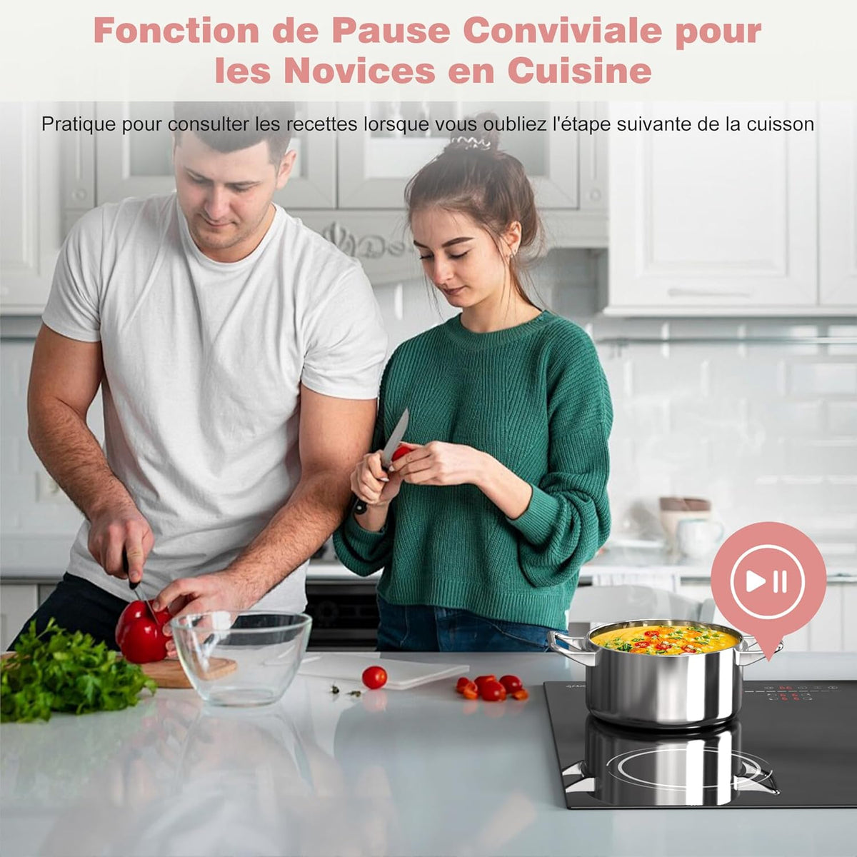 6400W Built-in 4 Burner Induction Hob, Flexible Zone Induction Hob, 60cm Electric Hob, Pause Function, 9 Levels, Touch Control, Timer, Child Lock