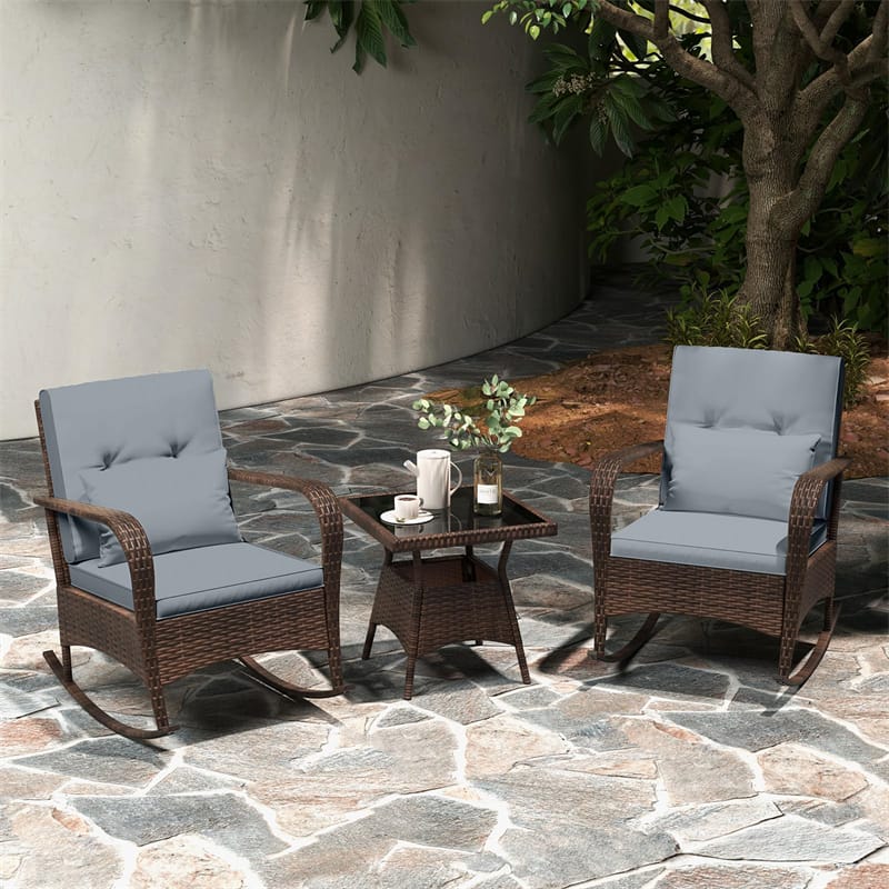 3-Piece Outdoor Wicker Rocking Chair Set, Rattan Bistro Rocker Furniture with Cushions & Pillows - Product image 32