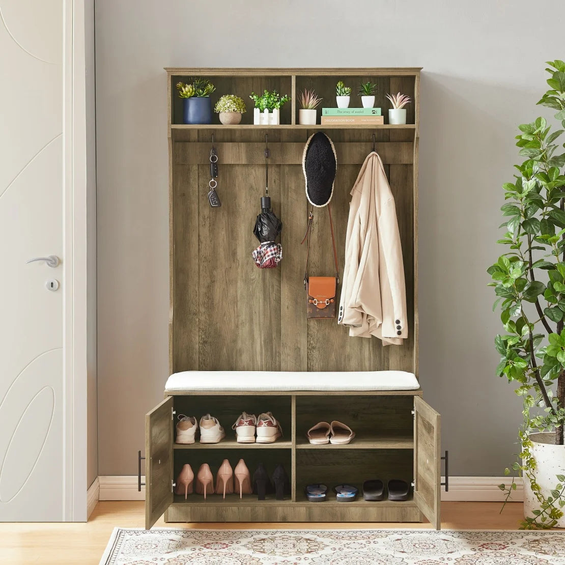 Entryway Hall Tree with Storage Bench, Wooden Coat Rack with Sponge Pad and 4 Dual Hooks - Product image 2