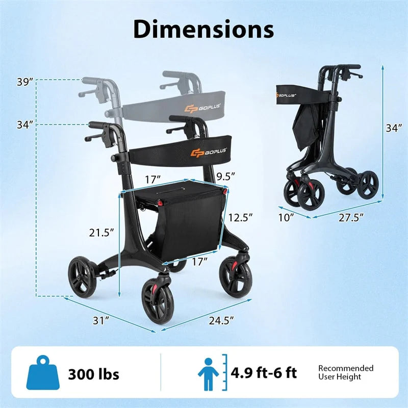 Ultralight Carbon Fiber Rollator Walker for Seniors, Foldable Rolling Walker with Seat, 8" Wheels - Product image 4