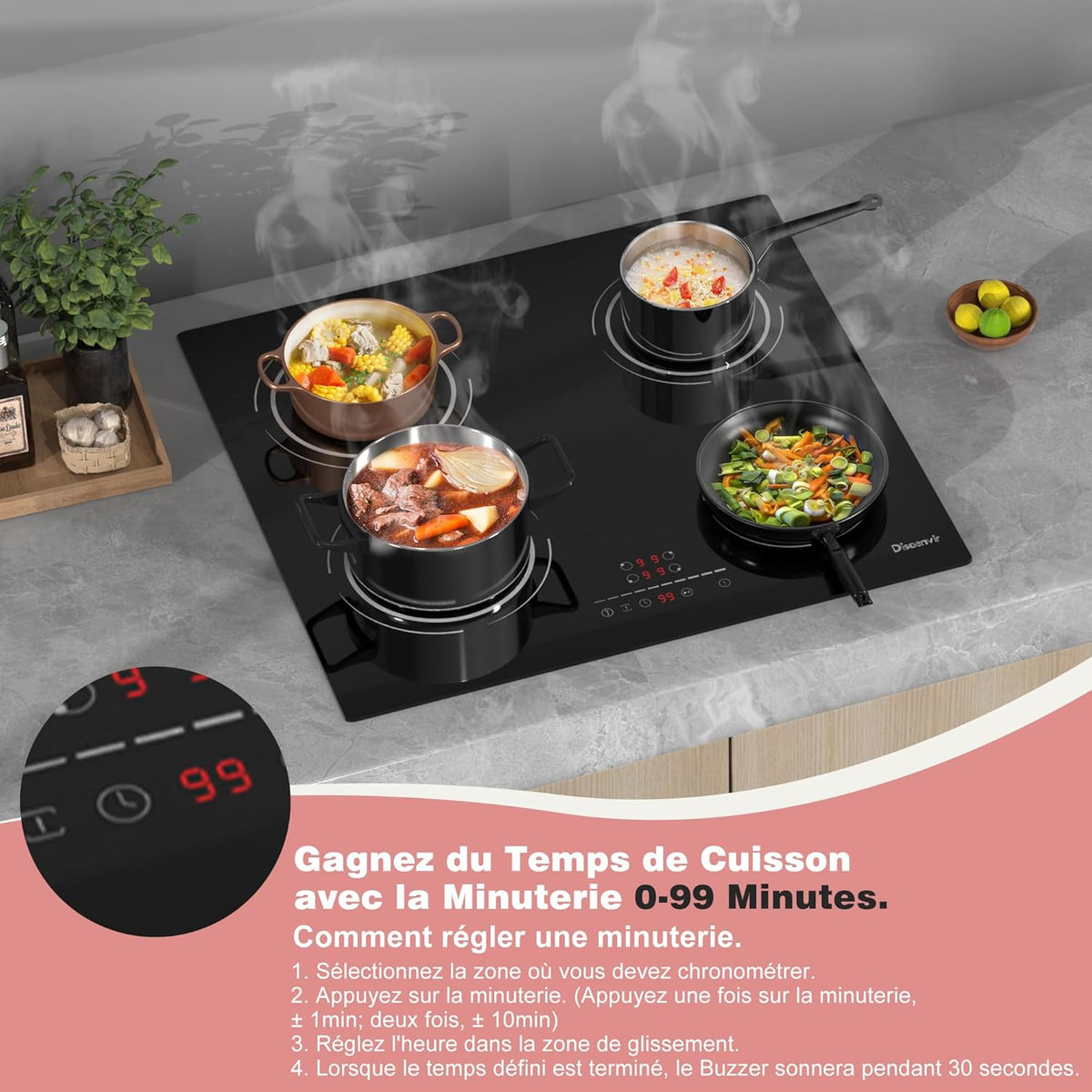6400W Built-in 4 Burner Induction Hob, Flexible Zone Induction Hob, 60cm Electric Hob, Pause Function, 9 Levels, Touch Control, Timer, Child Lock