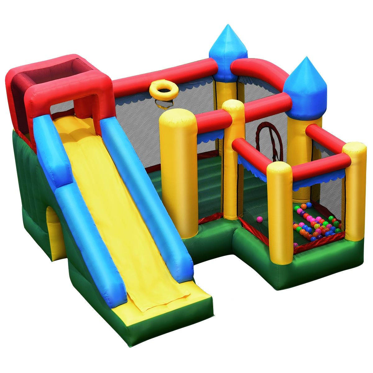 4 in 1 Inflatable Castle for Children 3-10 Years Old with Slide Jumping Area Climbing Wall Basketball Hoop -