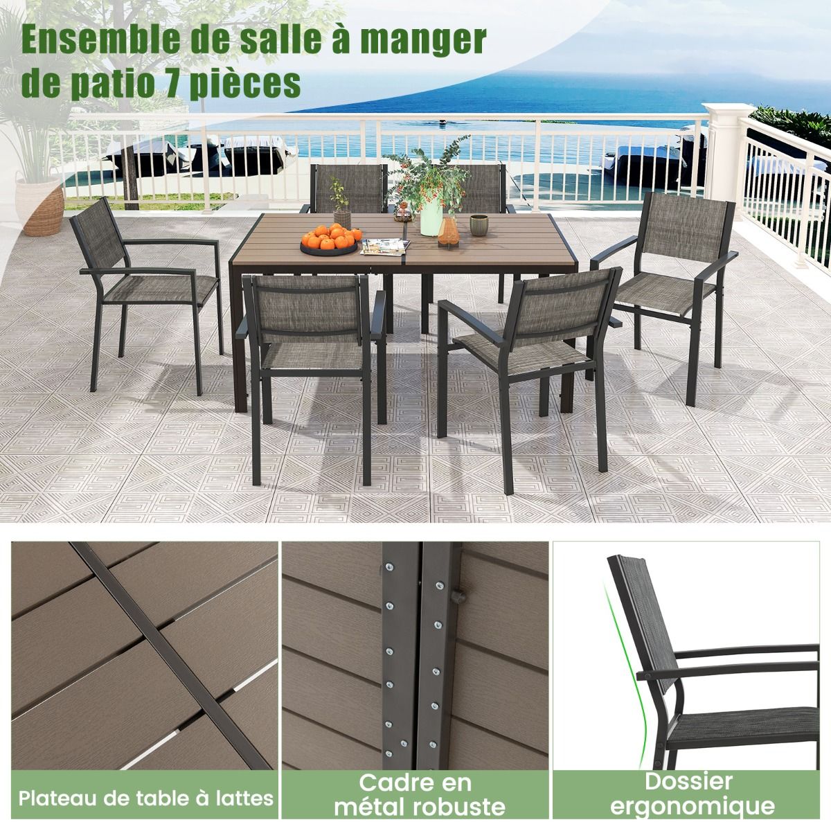 7 Piece Patio Furniture Set for 6 People Garden Furniture Set with 6 Stackable Chairs and Rectangular Table Gray -