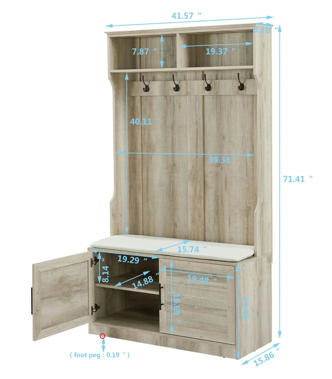 Entryway Hall Tree with Storage Bench, Wooden Coat Rack with Sponge Pad and 4 Dual Hooks - Product image 19