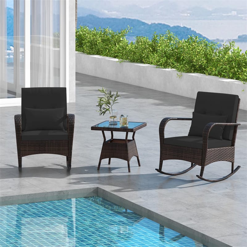 3-Piece Outdoor Wicker Rocking Chair Set, Rattan Bistro Rocker Furniture with Cushions & Pillows - Product image 22