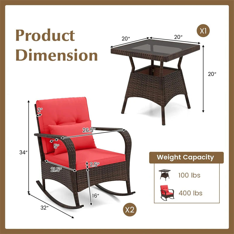 3-Piece Outdoor Wicker Rocking Chair Set, Rattan Bistro Rocker Furniture with Cushions & Pillows - Product image 44