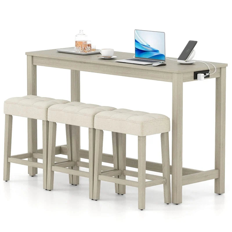 4-Piece Bar Table Set with Charging Station, 59" Counter Height Breakfast Nook Dining Set with 3 Padded - Product image 1