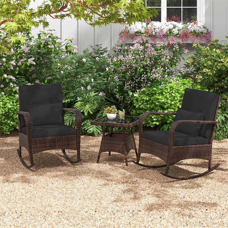 3-Piece Outdoor Wicker Rocking Chair Set, Rattan Bistro Rocker Furniture with Cushions & Pillows - Product image 23