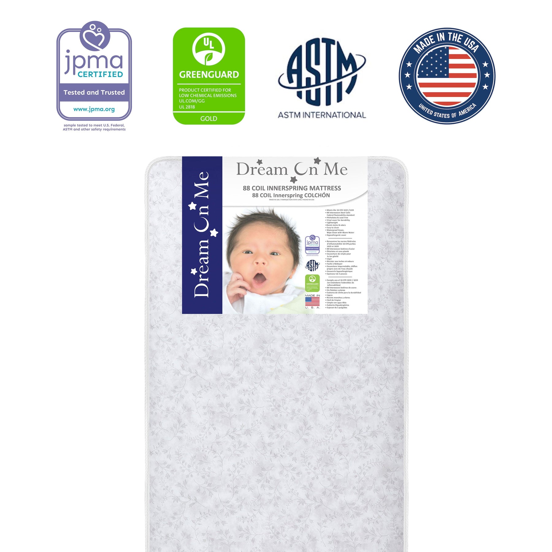 on Me Twinkle 5 88 Coil Crib and Toddler Mattress. Morning Mist Floral. Greenguard Gold Certified
