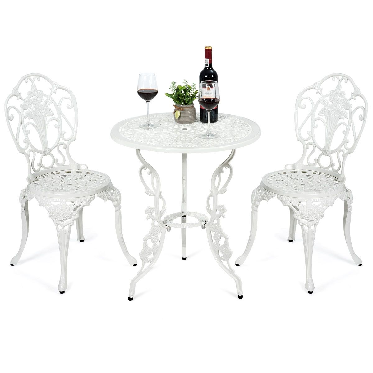 Weather-Resistant White Rose-Shaped Aluminum Garden Table and 2 Chairs Set -
