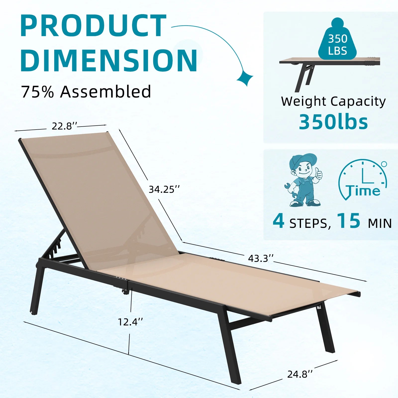 AECOJOY Patio Lounge Chairs, Outdoor Chaise Lounge with Wheels, Beige - Product image 3