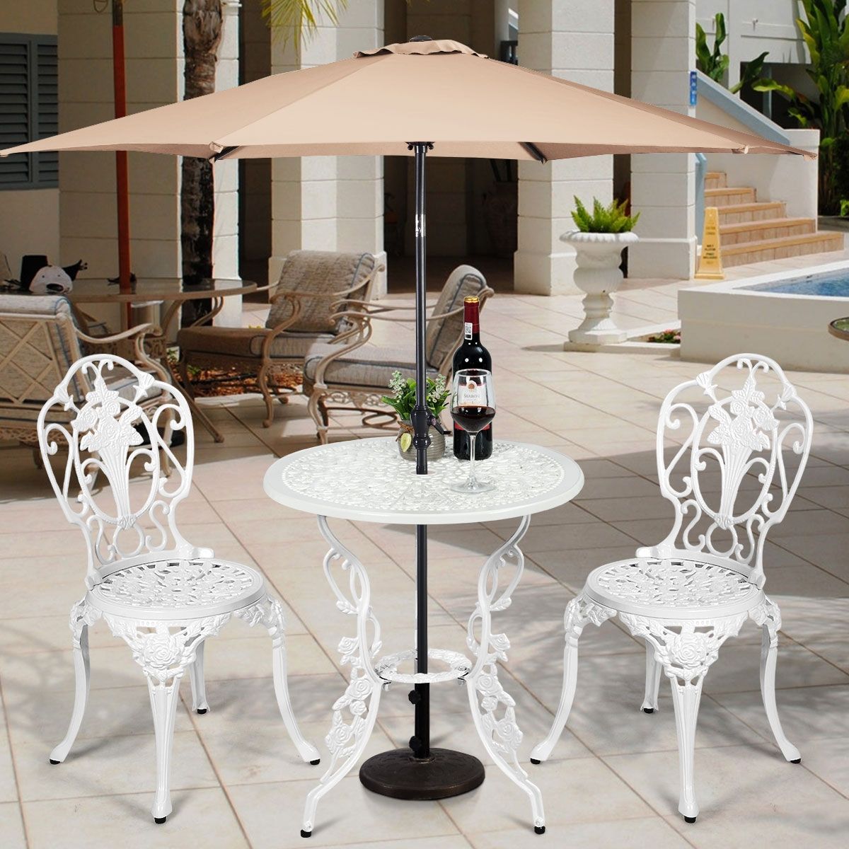 Weather-Resistant White Rose-Shaped Aluminum Garden Table and 2 Chairs Set -