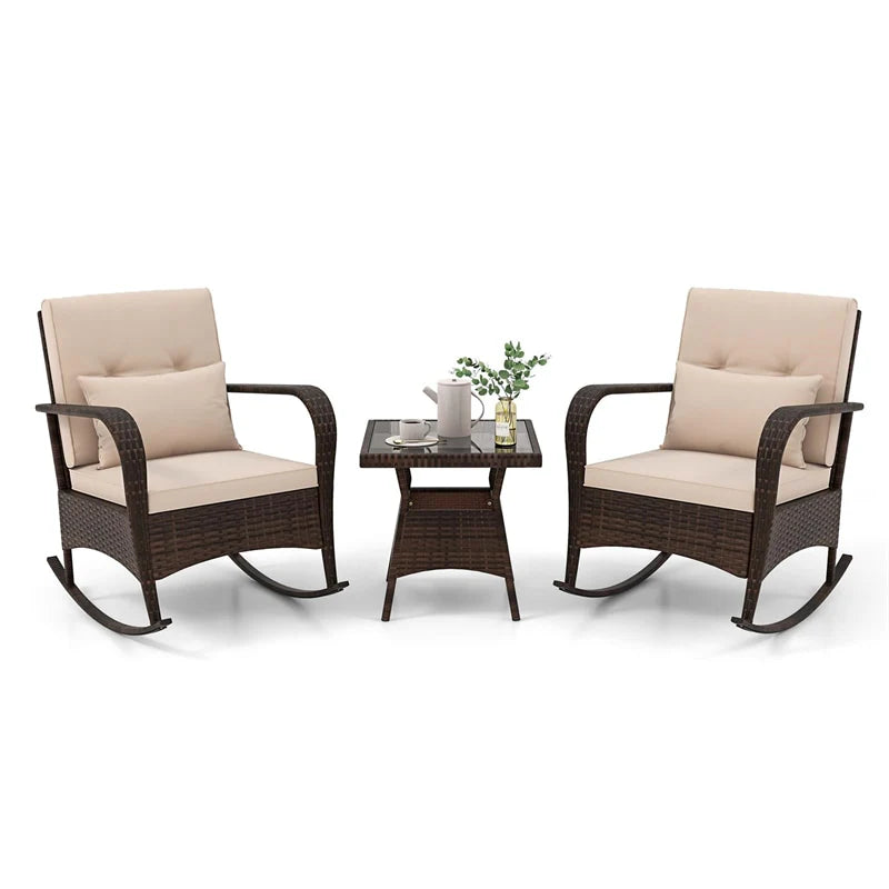 3-Piece Outdoor Wicker Rocking Chair Set, Rattan Bistro Rocker Furniture with Cushions & Pillows - Product image 1