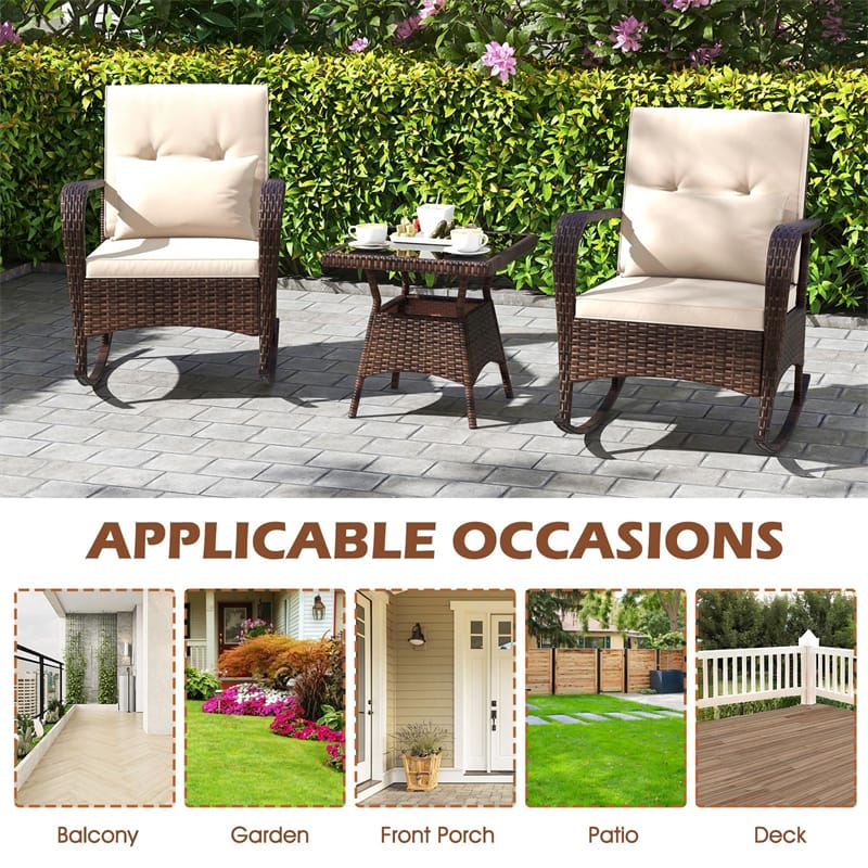 3-Piece Outdoor Wicker Rocking Chair Set, Rattan Bistro Rocker Furniture with Cushions & Pillows - Product image 10
