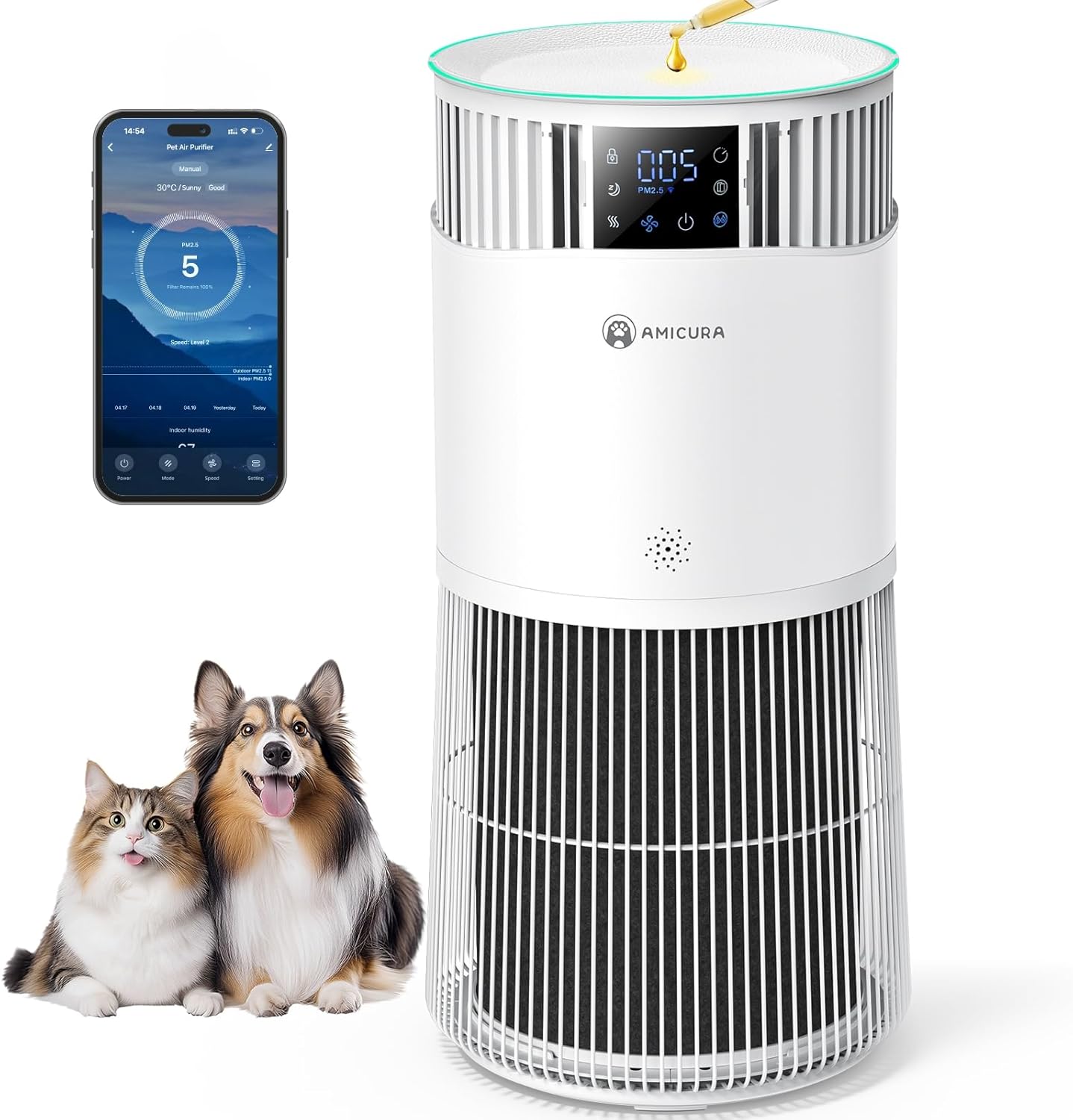 Amicura P2 Hepa Air Purifier for Animals and Allergic People, 843 m³/h CADR Against Animal Hair, H13 Hepa Hospital Filter, 450 m³/h Particles, App Control